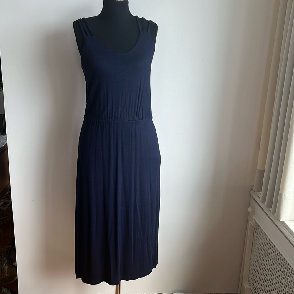 Fleur Bleu dark blue plain midi slit dress